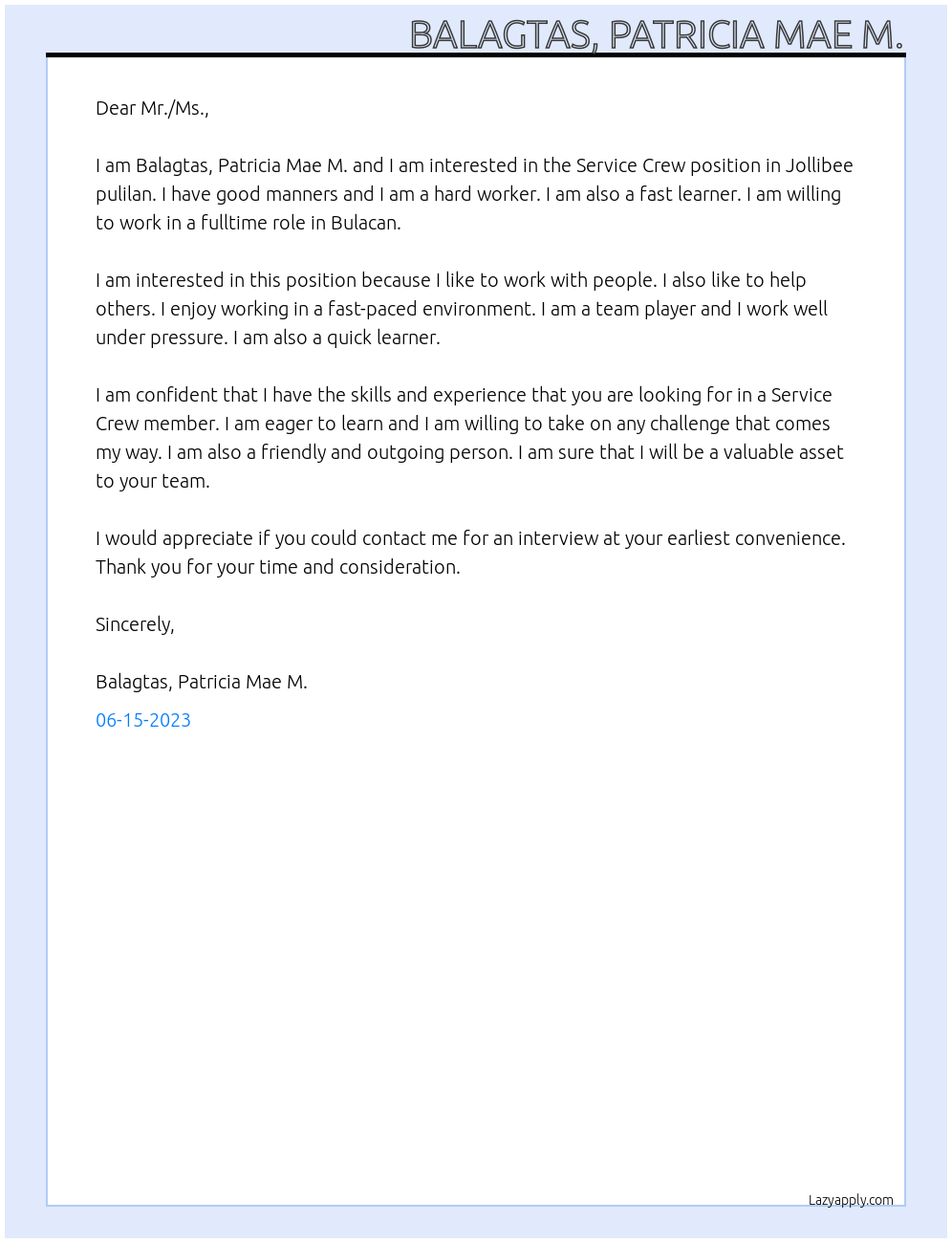 Service Crew At Jollibee pulilan Cover Letter