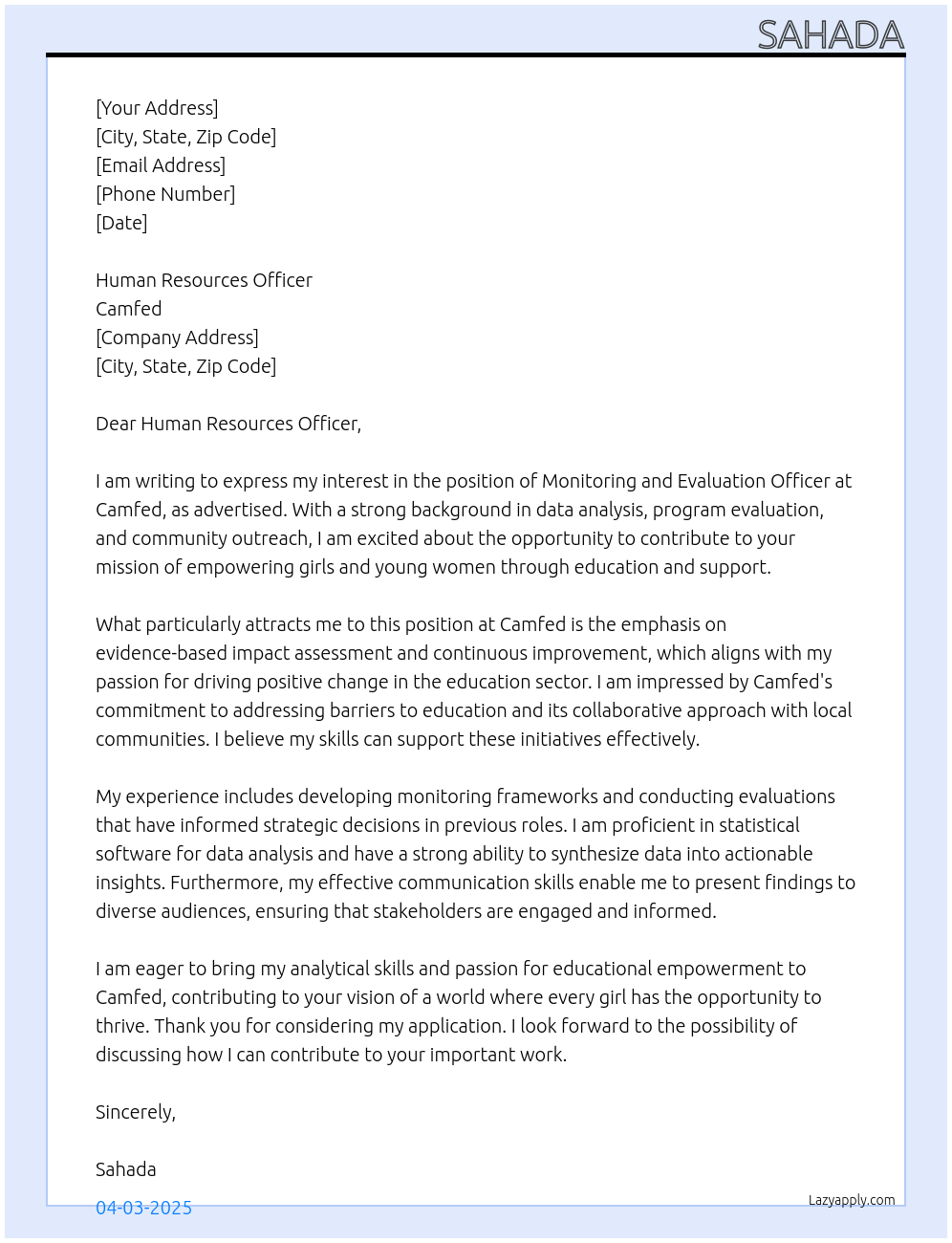 Monitoring and evaluation officer At Camfed Cover Letter