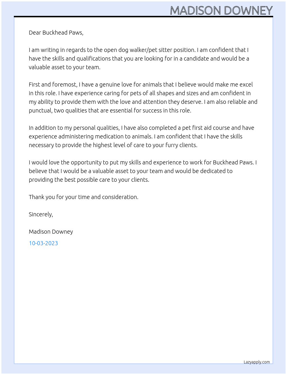 Dog walker/ Pet sitter At Buckhead Paws Cover Letter