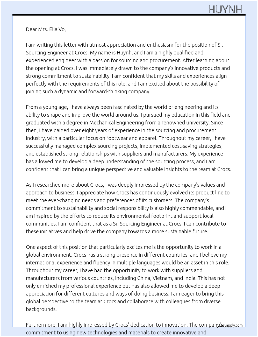 Sr. Sourcing Engineer At crocs Cover Letter