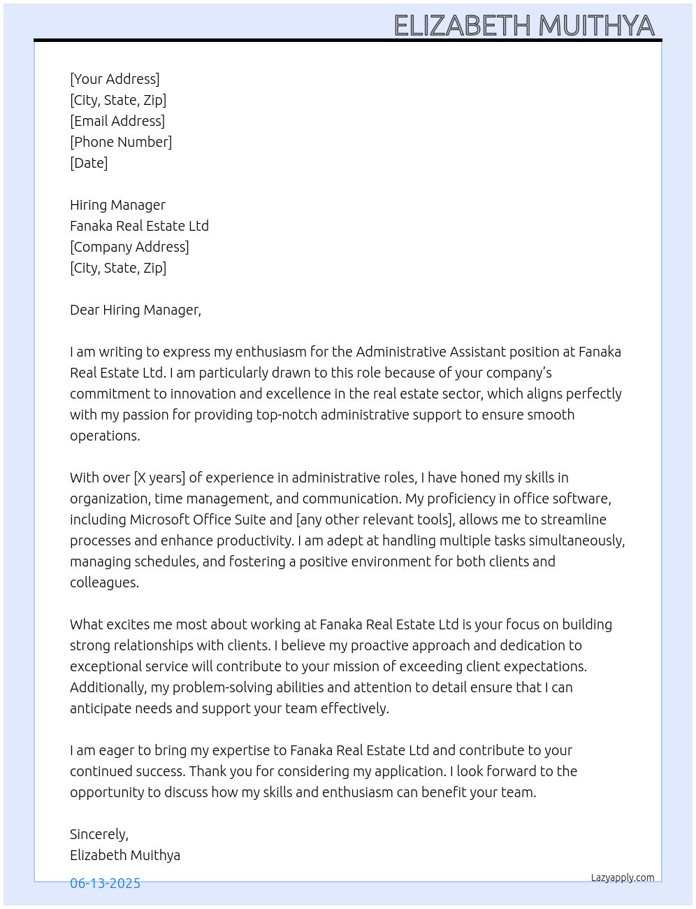 Administrative Assistant At Fanaka Real Estate Ltd Cover Letter
