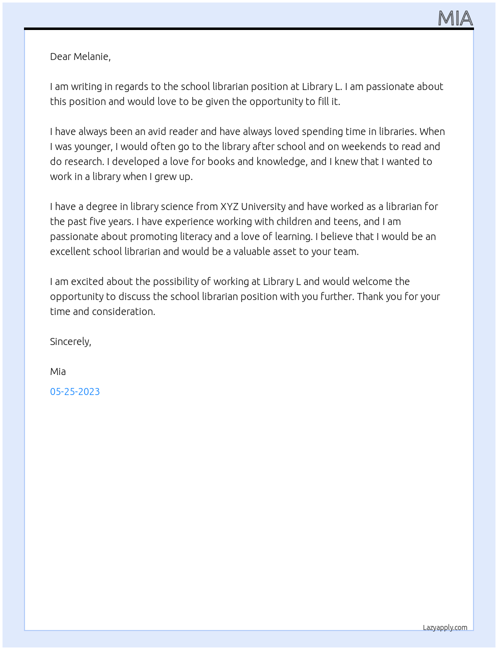 School librarian At Library L Cover Letter