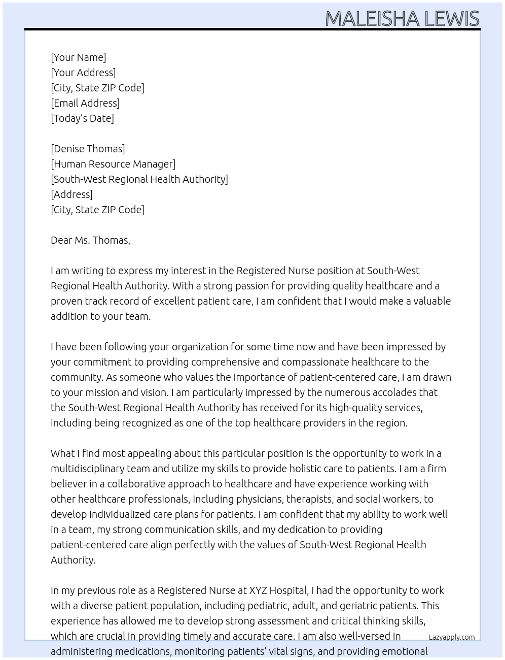 Registered Nurse At South-West Regional Health Authority Cover Letter