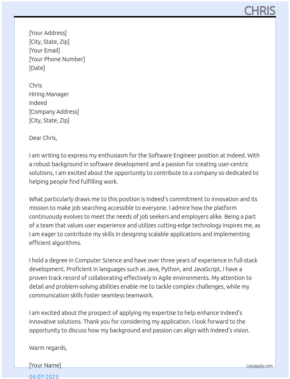 software engineer At indeed Cover Letter