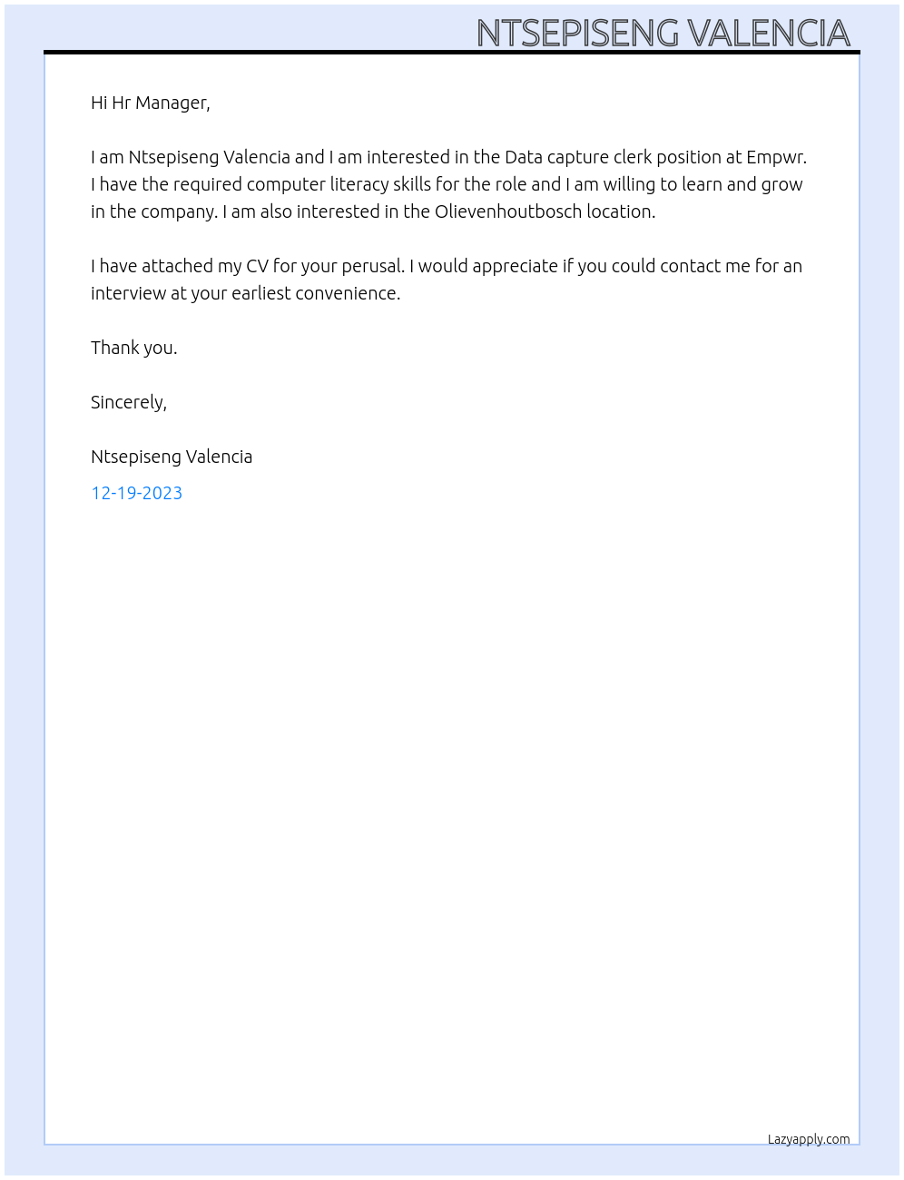 Data capture clerk  At Empwr Cover Letter