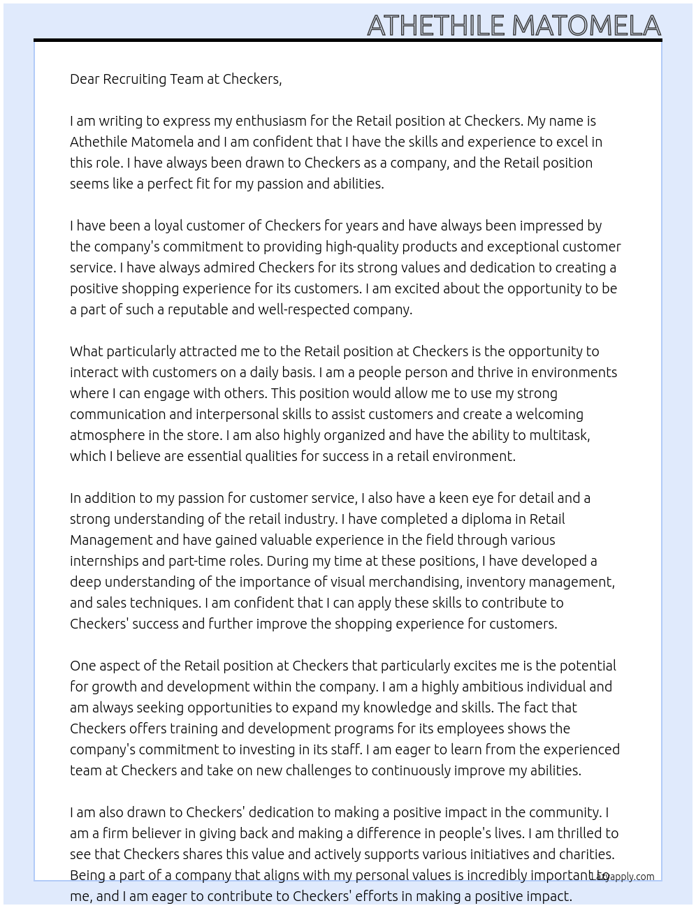 Retail At Checkers Cover Letter