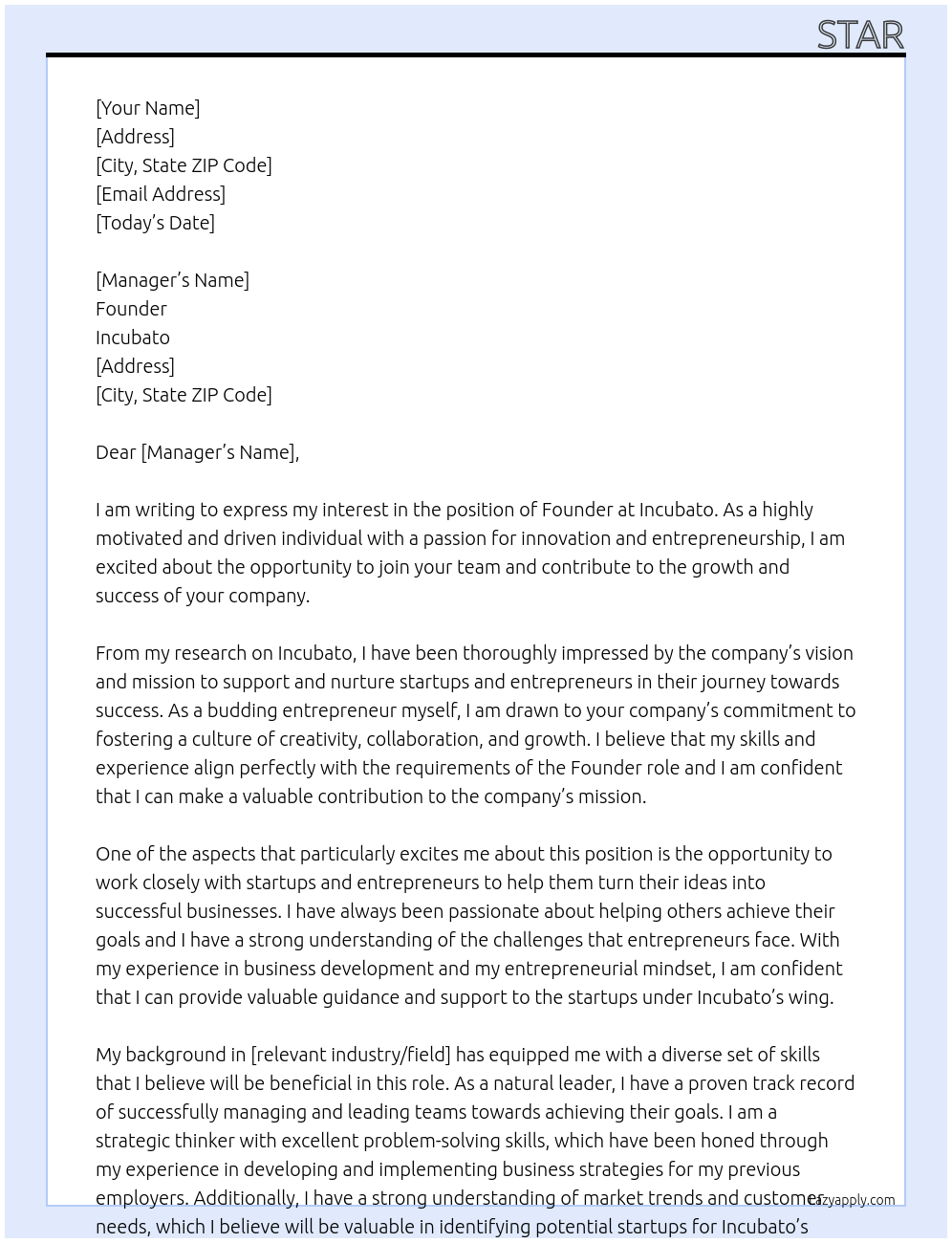 Founder At Incubato Cover Letter