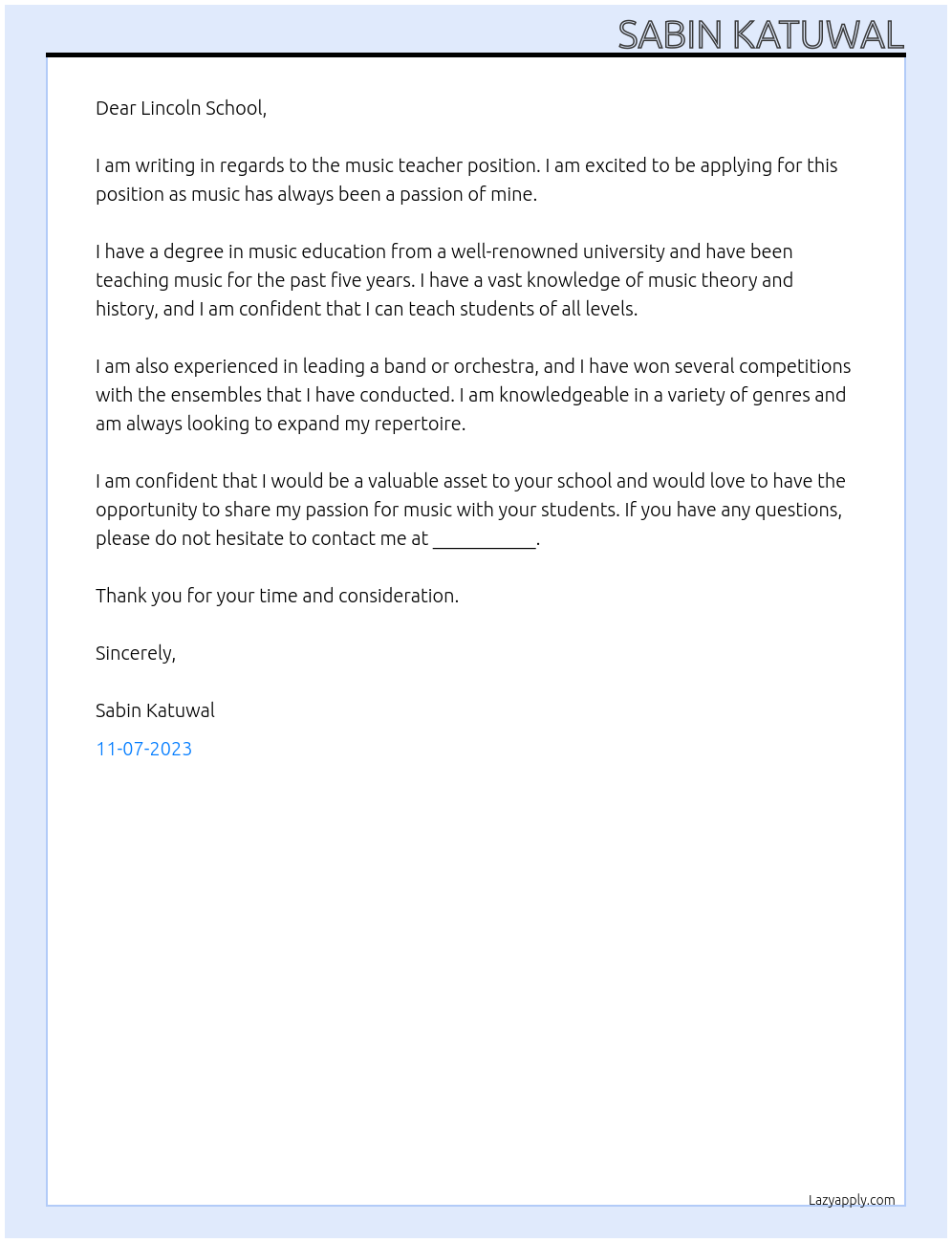 Music teacher At Lincoln School Cover Letter