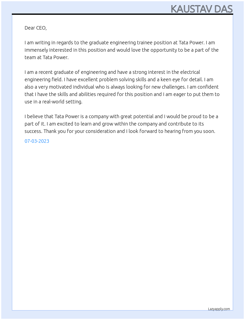 Graduate engineering trainee At Tata Power Cover Letter
