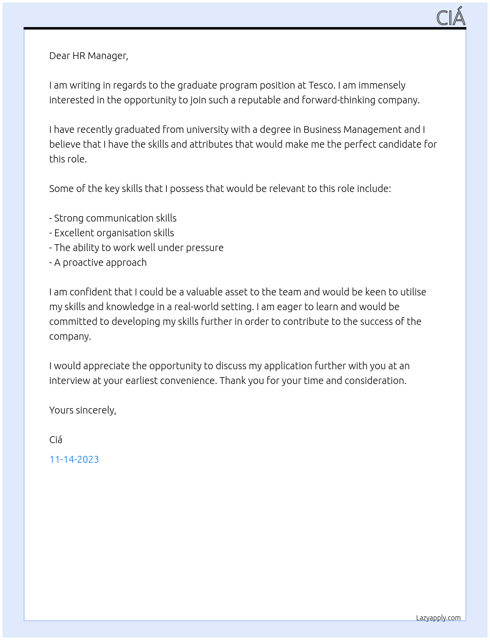 GRADUATE PROGRAM At Tesco Cover Letter