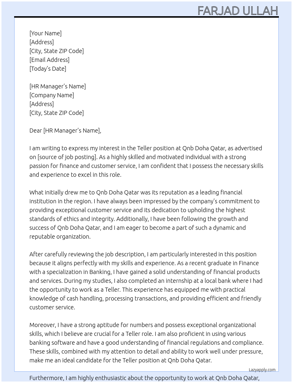 Teller At Qnb Doha qatar Cover Letter