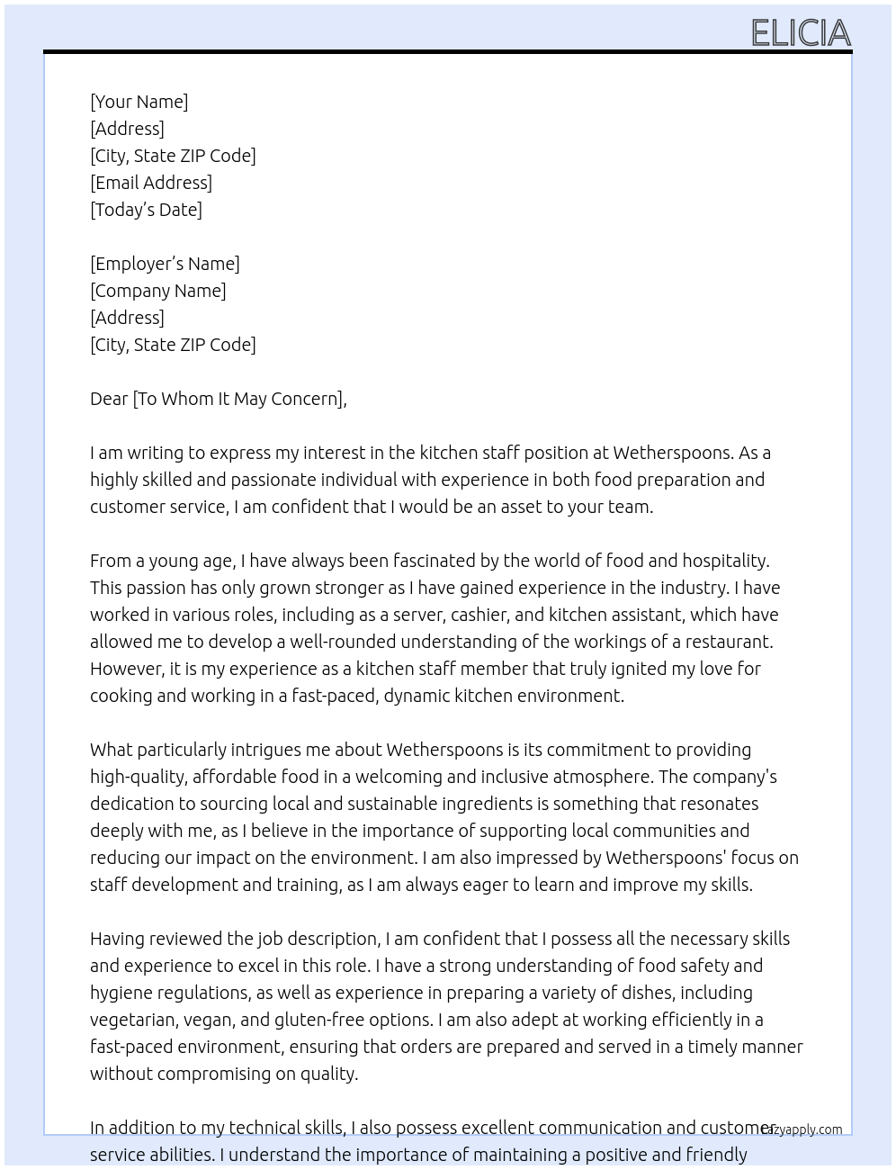 kitchen staff At wetherspoons Cover Letter