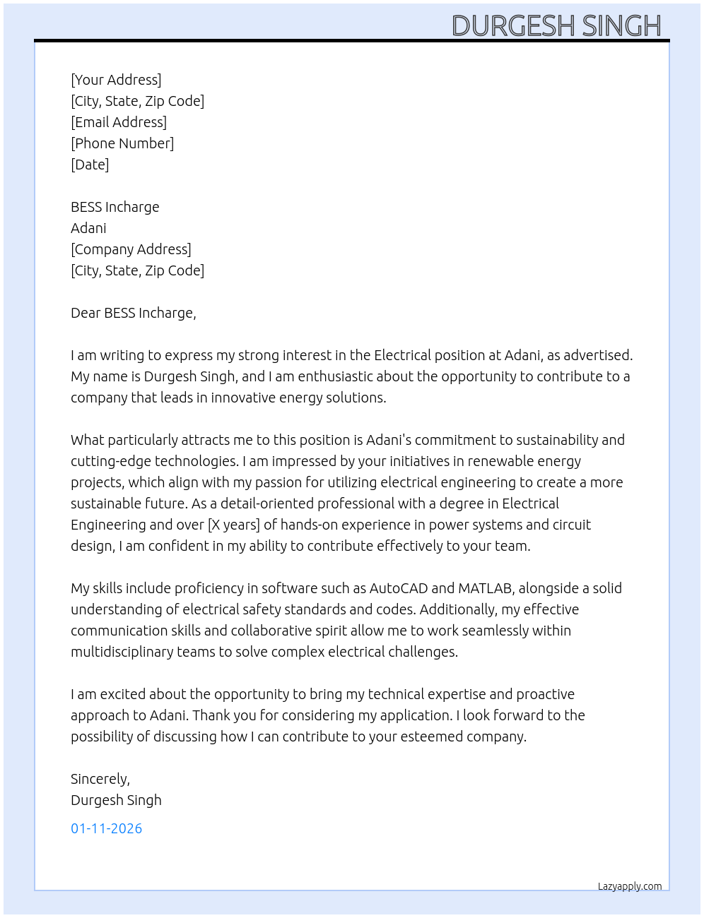 Electrical  At Adani Cover Letter