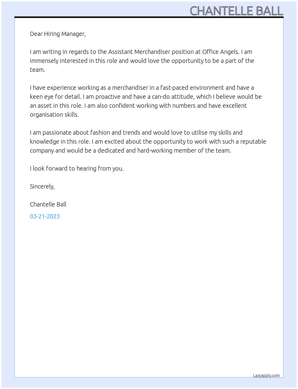 Assistant Merchandiser At Office Angels Cover Letter