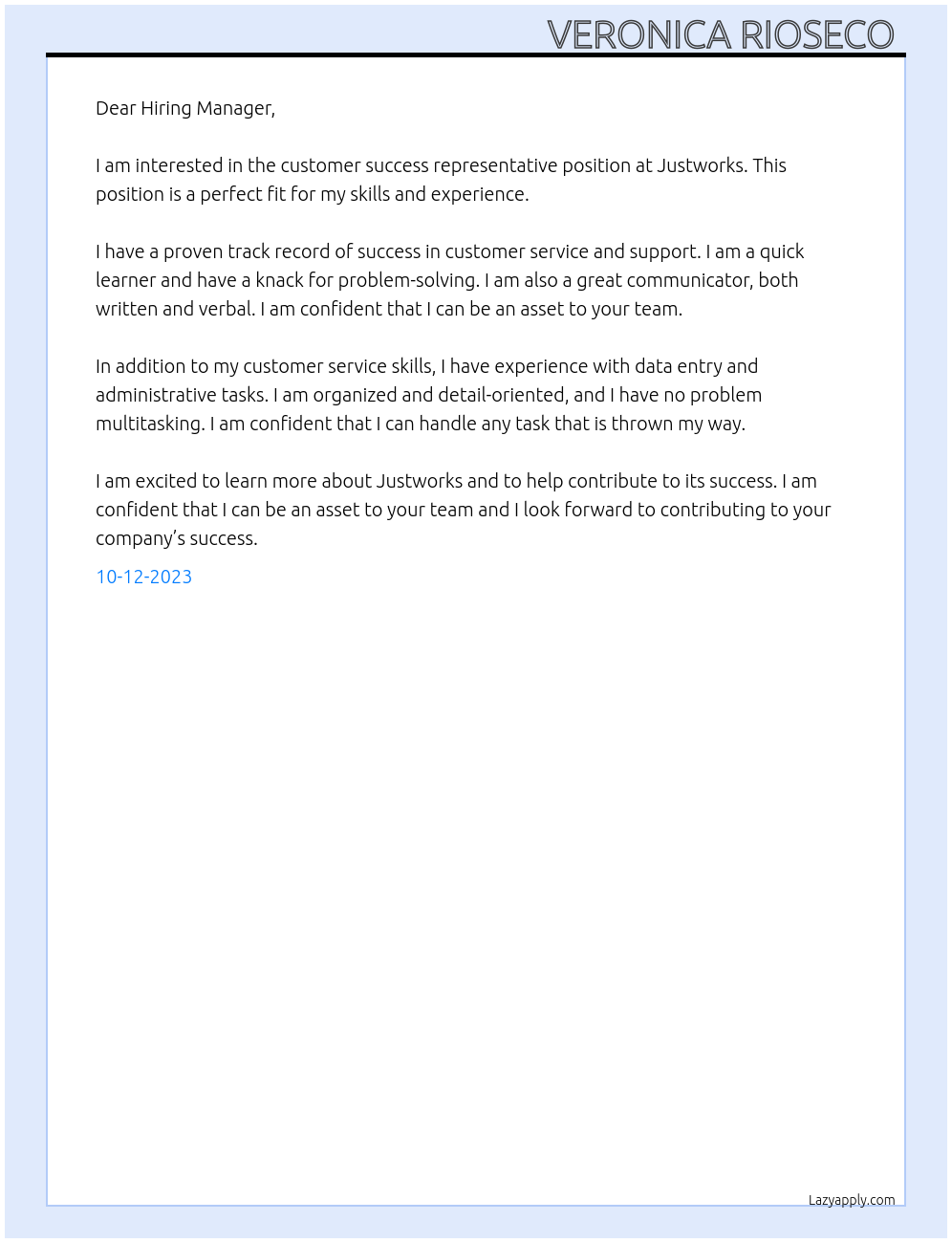 customer success representative At Justworks Cover Letter
