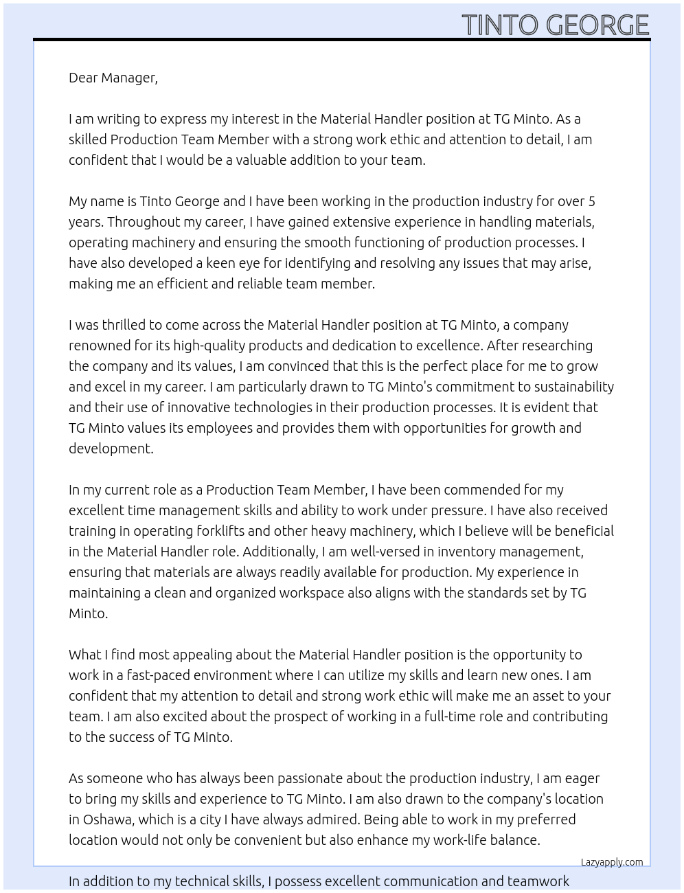 Material Handler At TG Minto Cover Letter