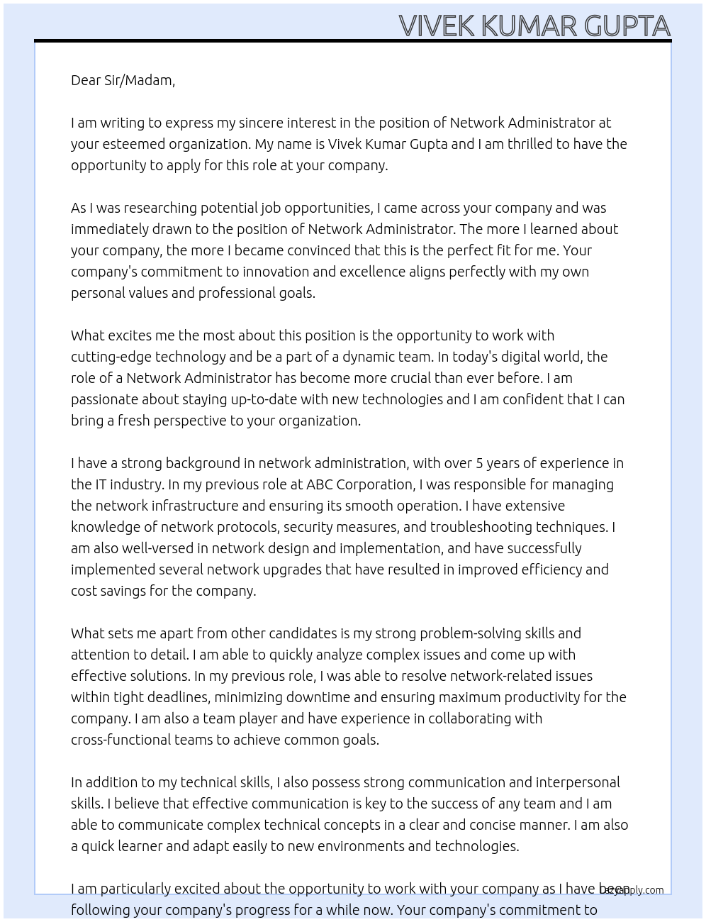 Network administrator At sir/madam Cover Letter