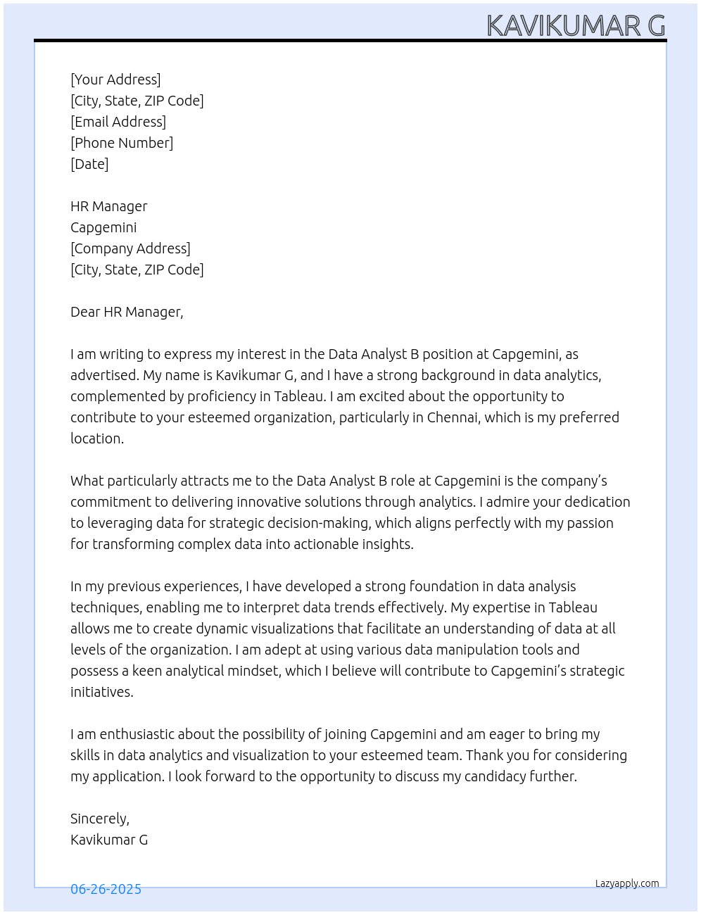 Data Analyst B At cap Gemini Cover Letter
