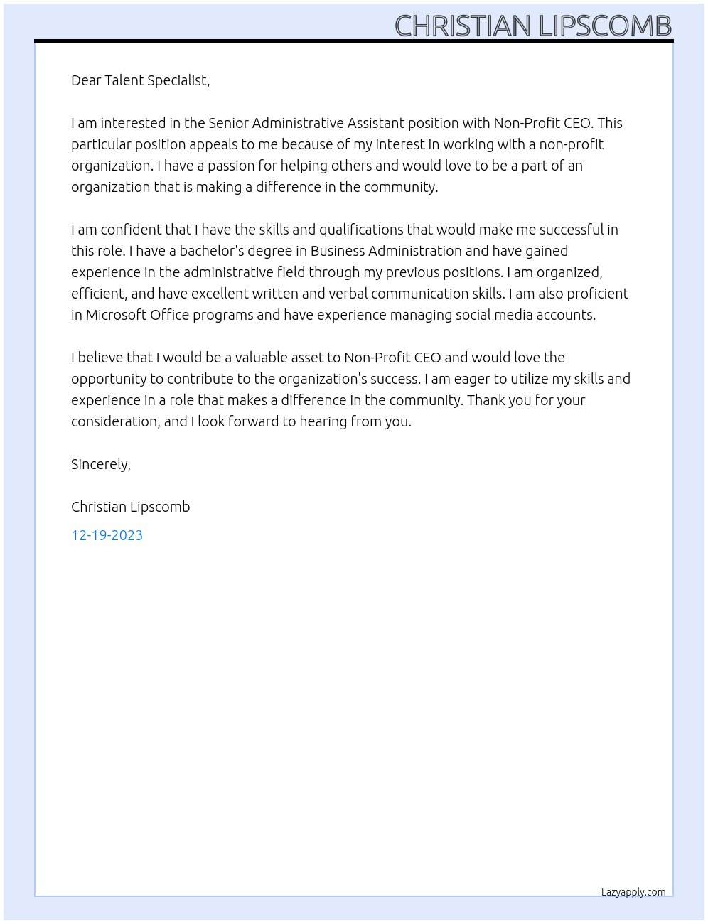 Senior Administrative Assistant At Non- Profit CEO Cover Letter