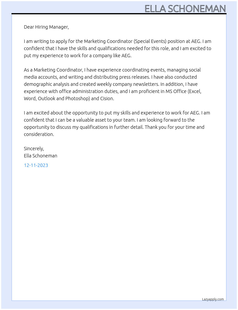 Marketing Coordinator (Special Events) At AEG Cover Letter