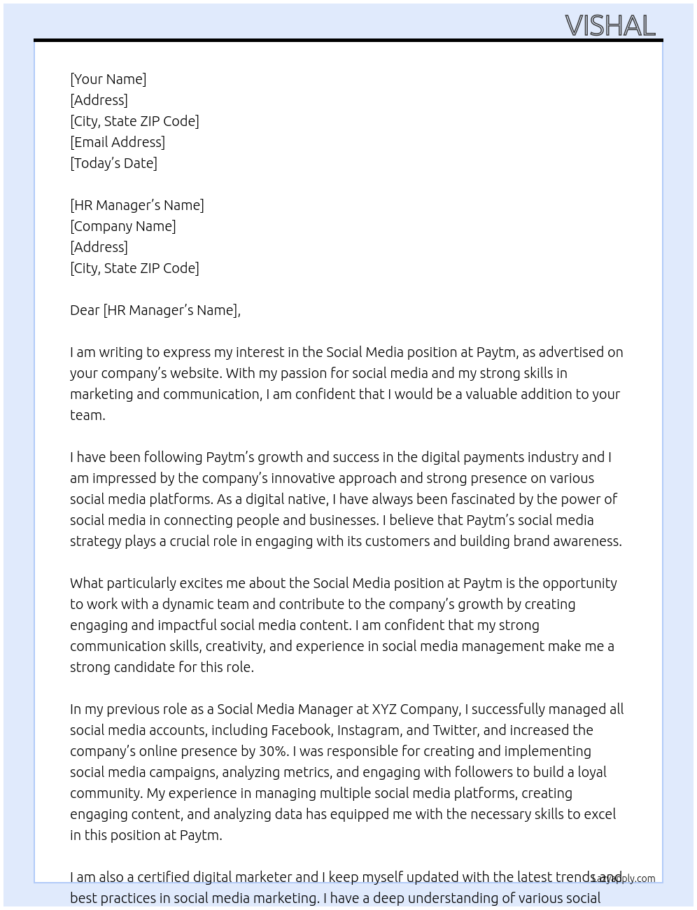 Social media  At Paytm  Cover Letter