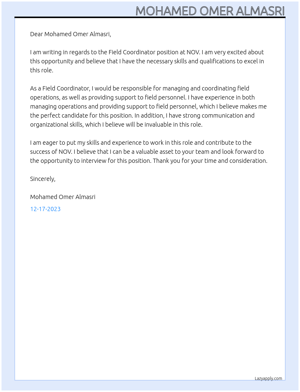 Field Coordinator At NOV Cover Letter