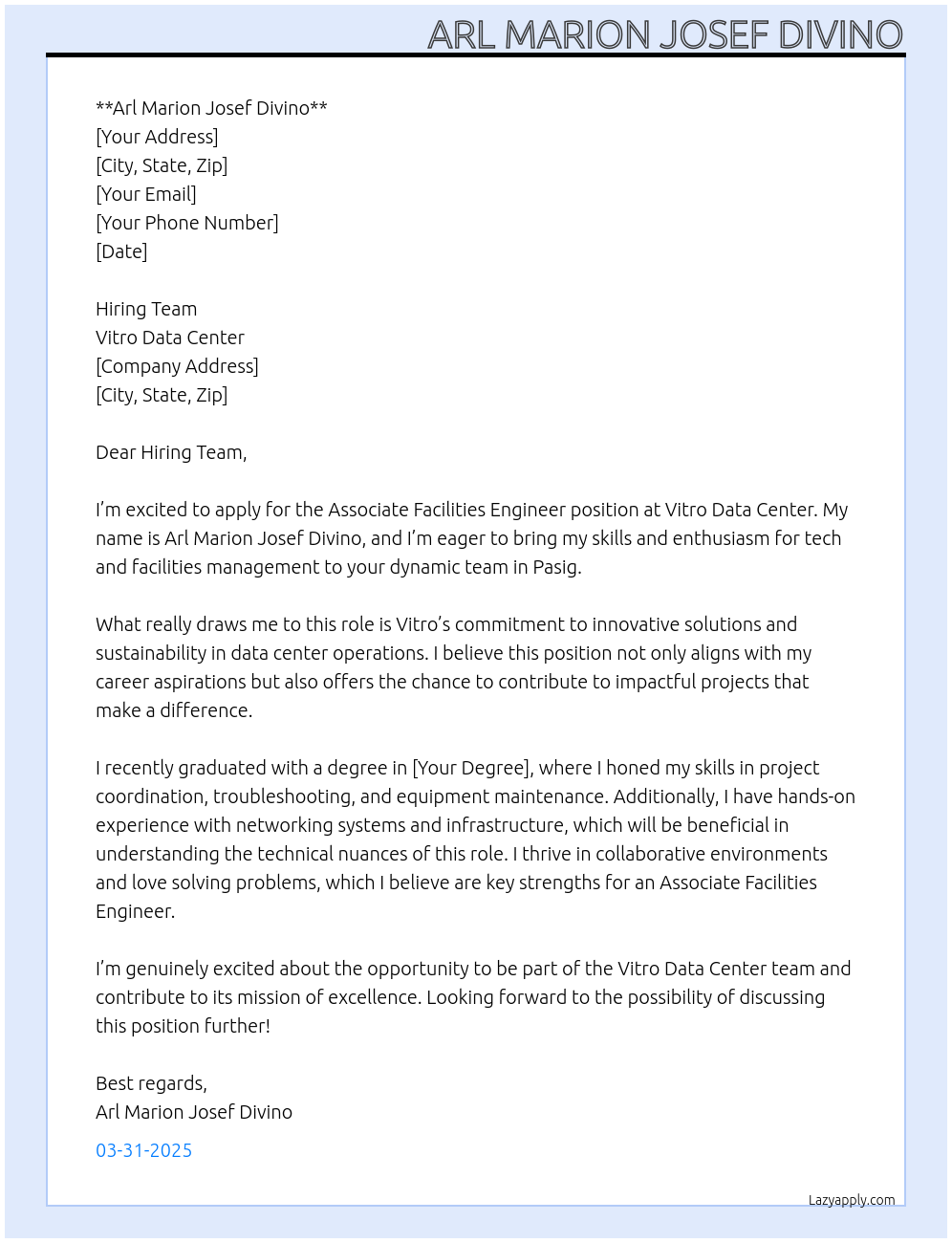 Cover letter for associate facilities engineer - vitro pasig / junior network implementation engineer - LazyApply