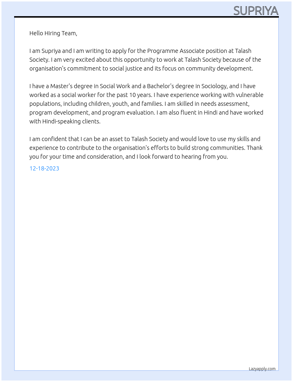 Programme Associate At Talash Society Cover Letter