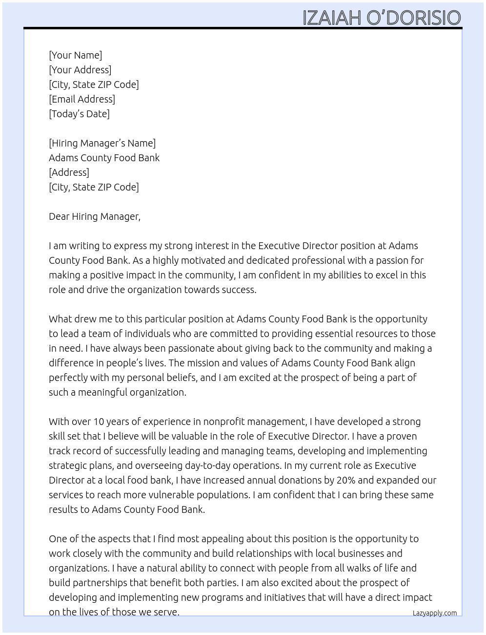 Executive Director At Adams County Food Bank Cover Letter