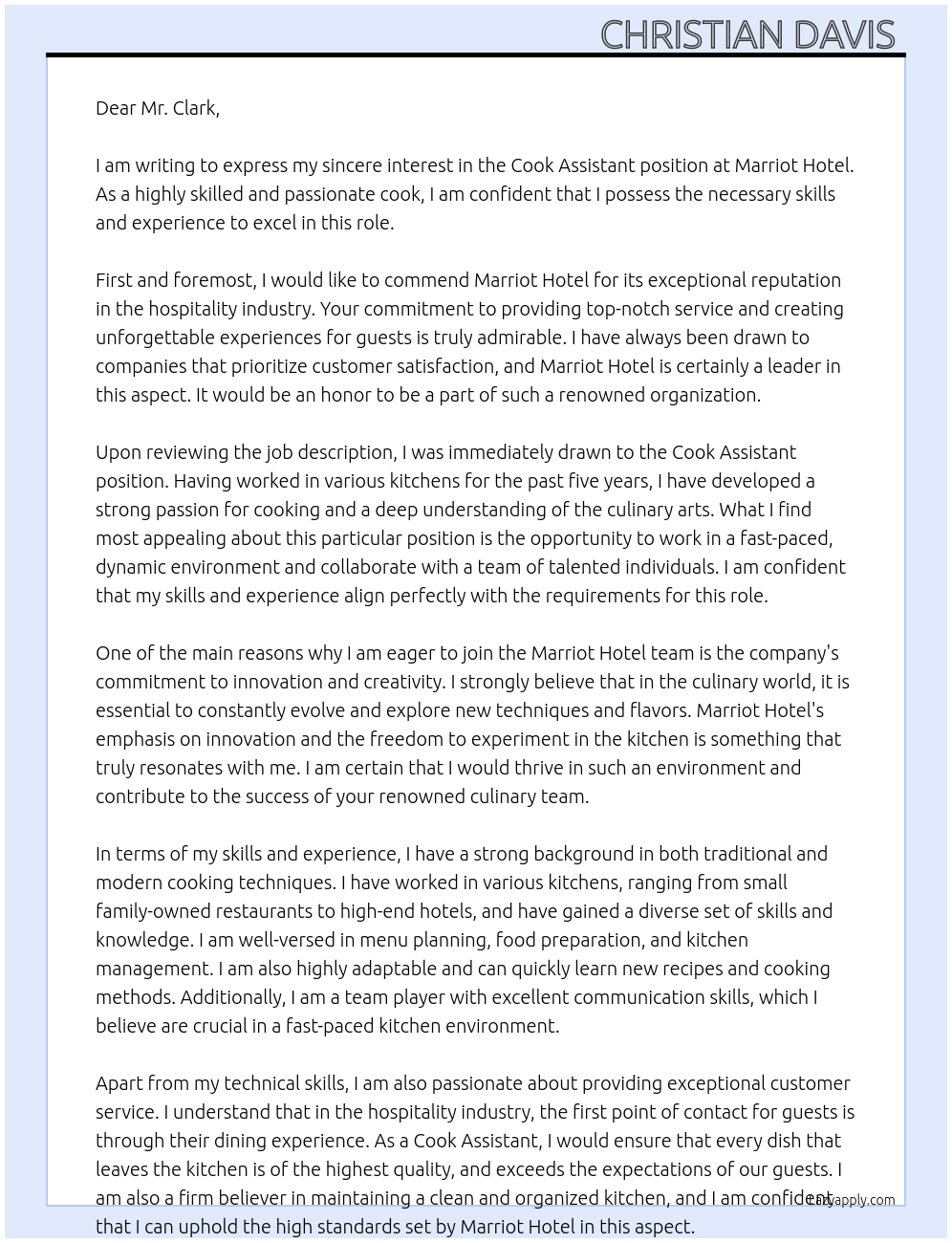 Cook Assistant At Marriot Hotel  Cover Letter