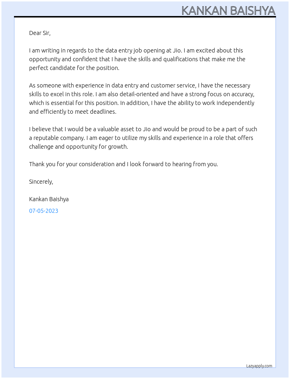 Data entry job At Jio Cover Letter