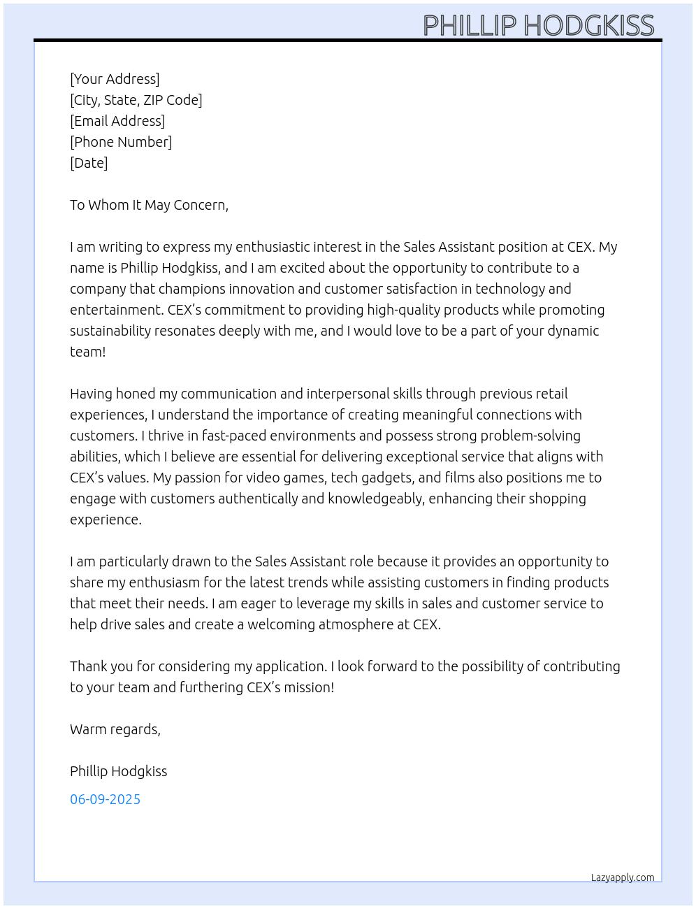 Sales assistant At CEX Cover Letter