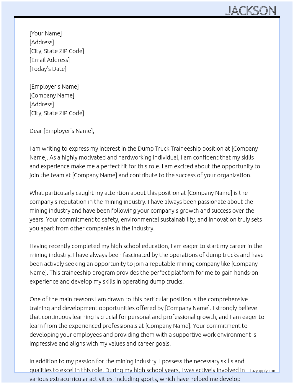Dump truck traineeship At Mining  Cover Letter