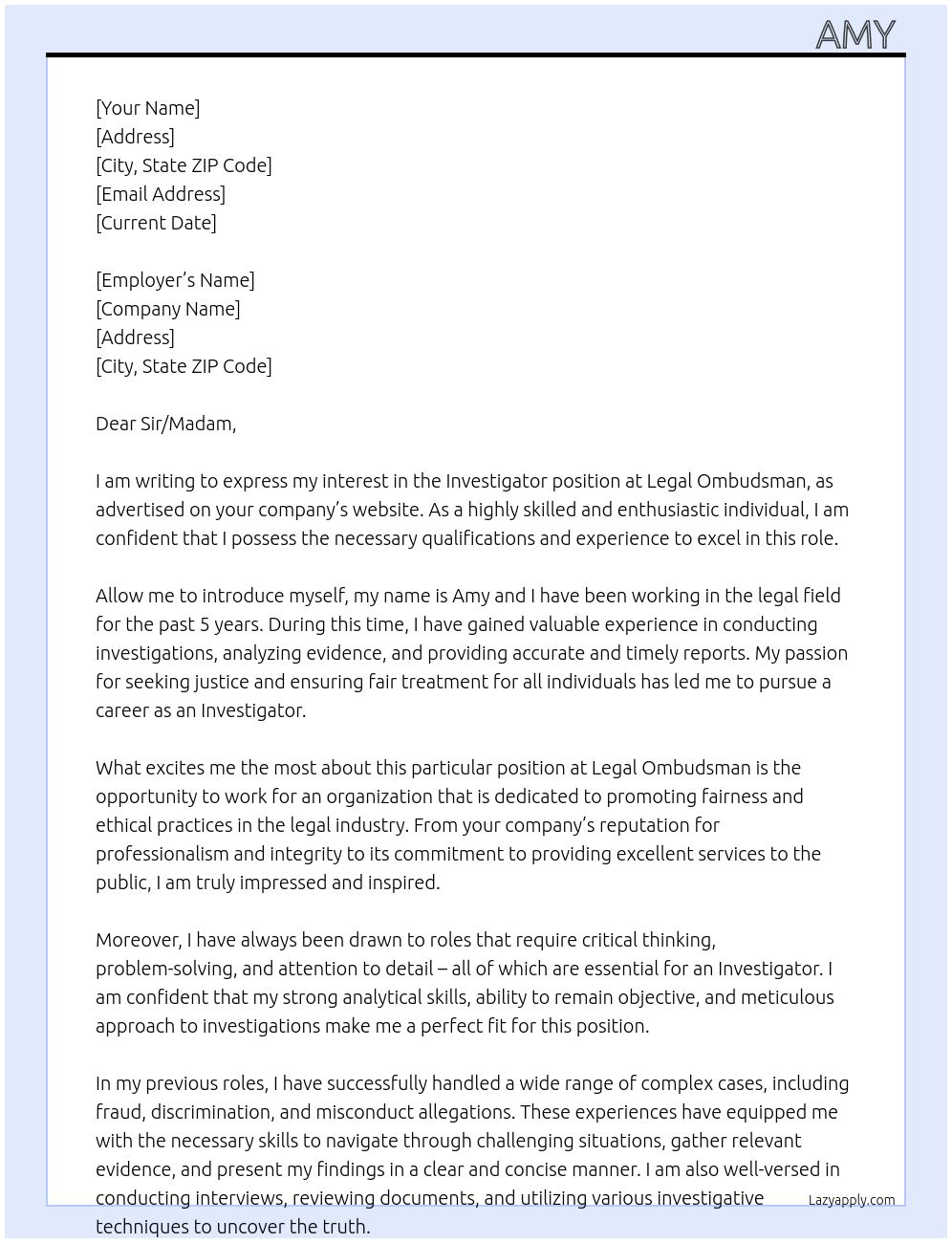 Investigator At Legal Ombudsman Cover Letter