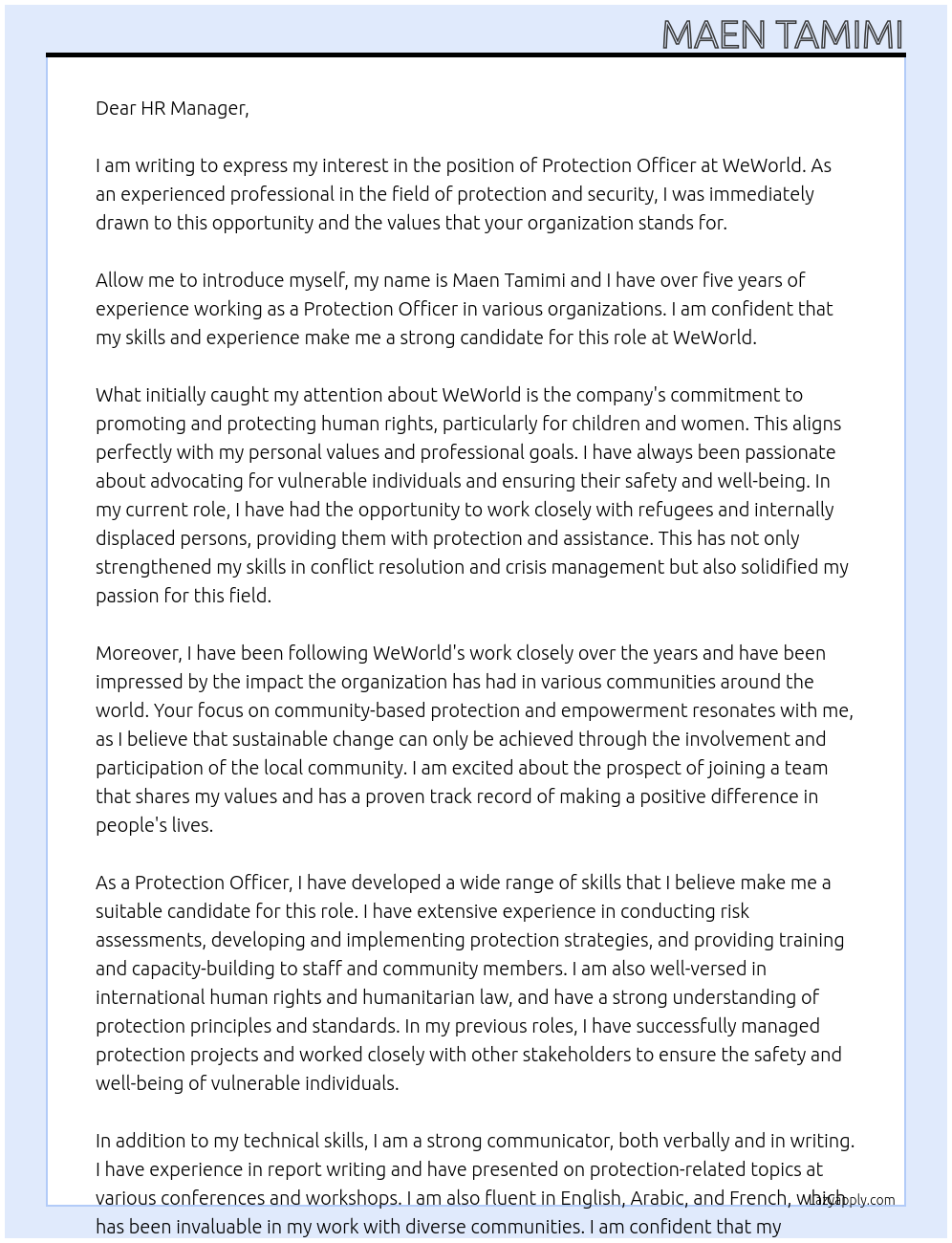  Protection Officer At WeWorld Cover Letter