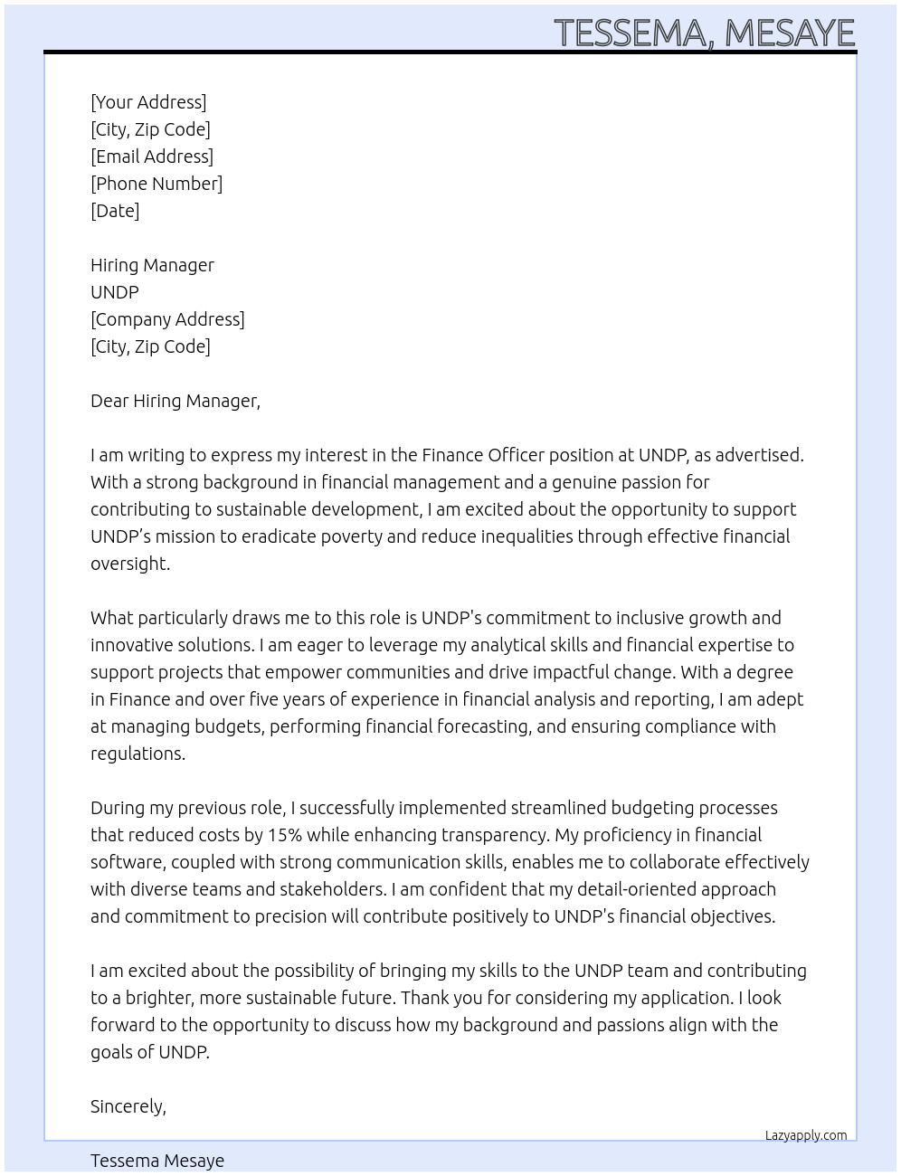 Finance Officer At UNDP Cover Letter