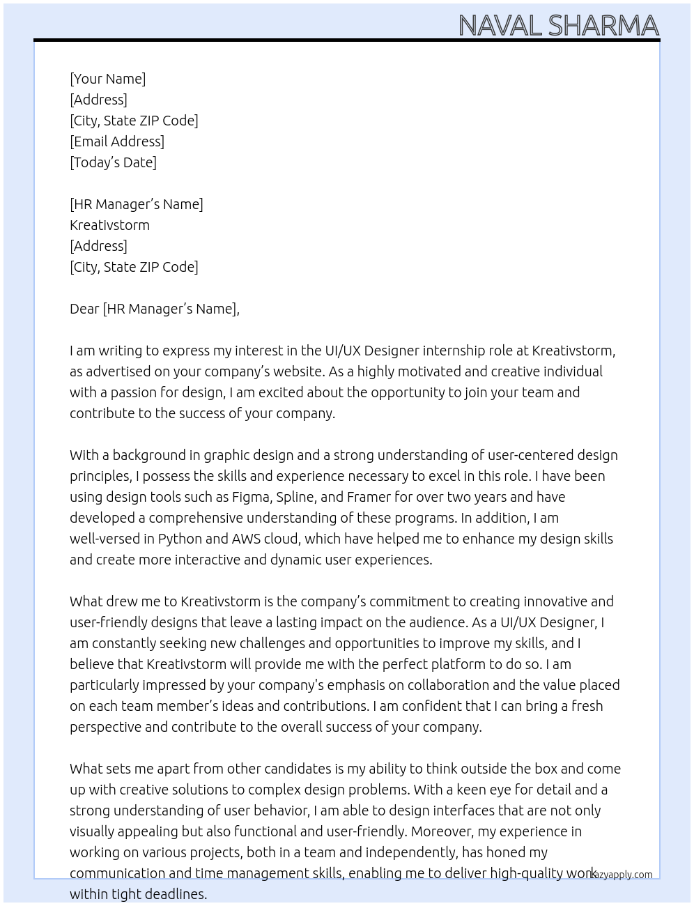 UI/UX Designer At Kreativstorm Cover Letter