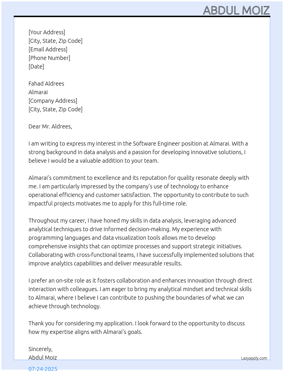 software engineer At almarai Cover Letter