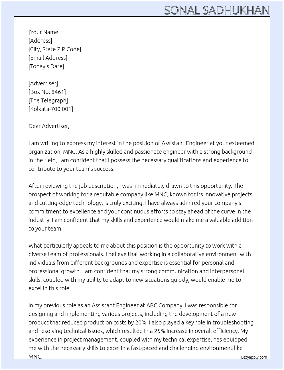 assistant engineer At MNC Cover Letter