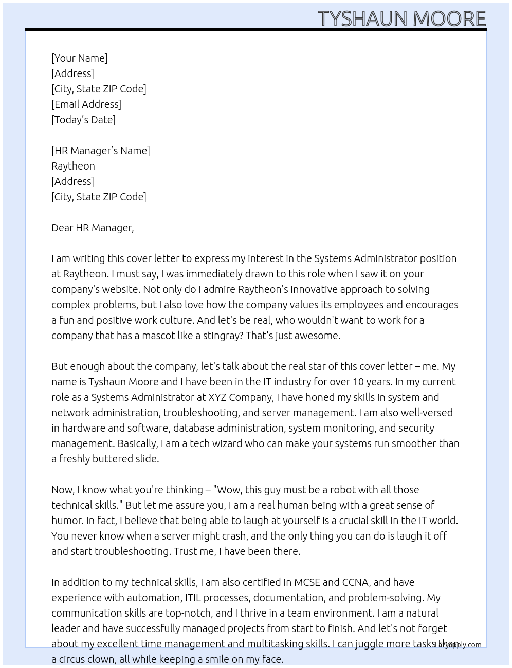 Systems Administrator At Raytheon Cover Letter