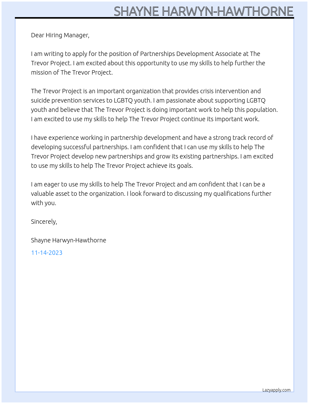 Partnerships Development Associate At The Trevor Project Cover Letter