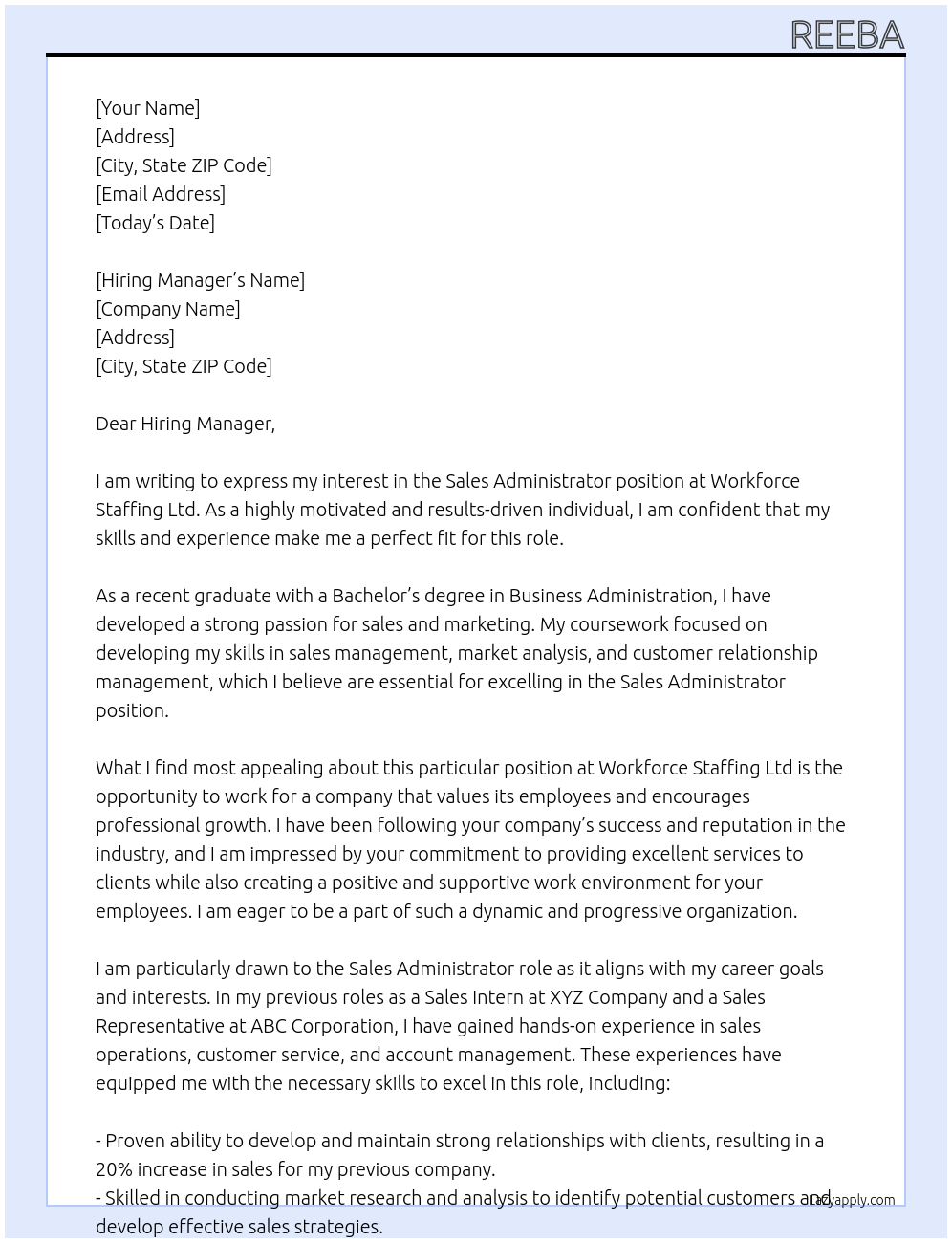 Sales Administrator At Workforce Staffing Ltd Cover Letter