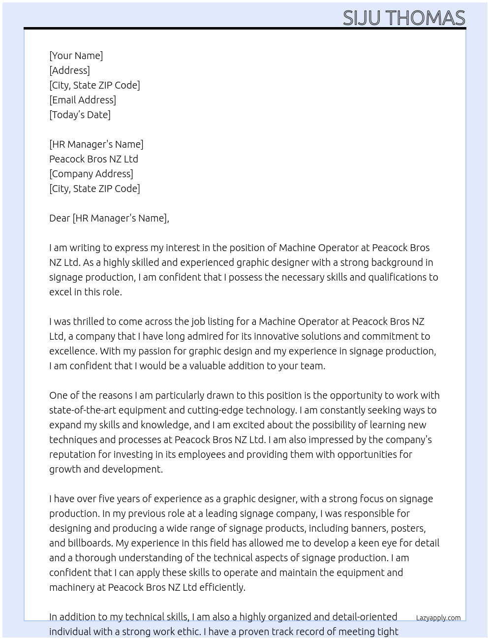 Machine Operator At Peacock Bros NZ Ltd Cover Letter