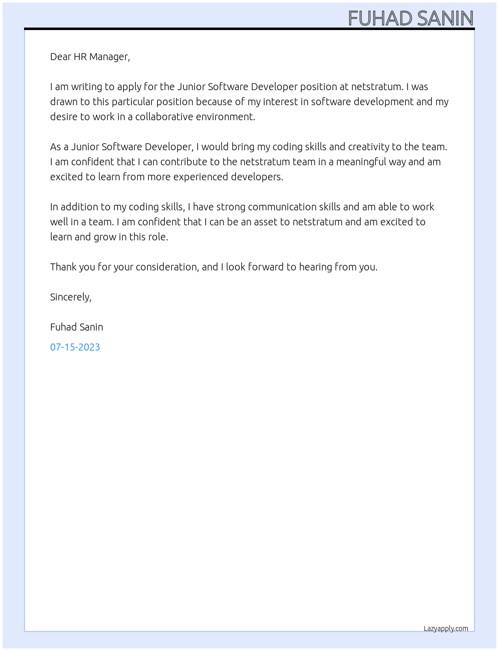Junior Software Developer At netstratum Cover Letter