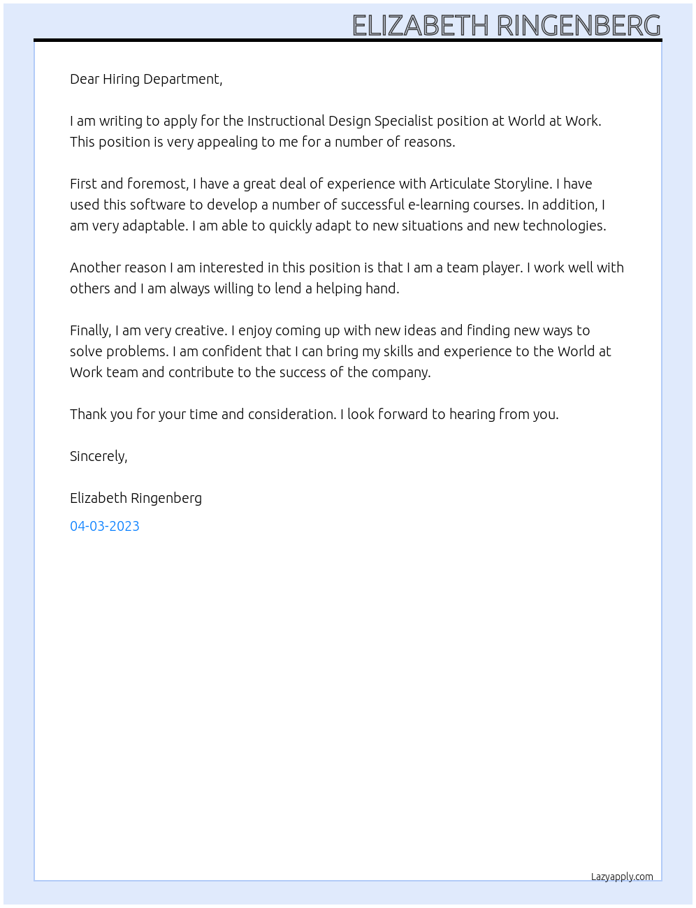 Cover letter for instructional design specialist - LazyApply