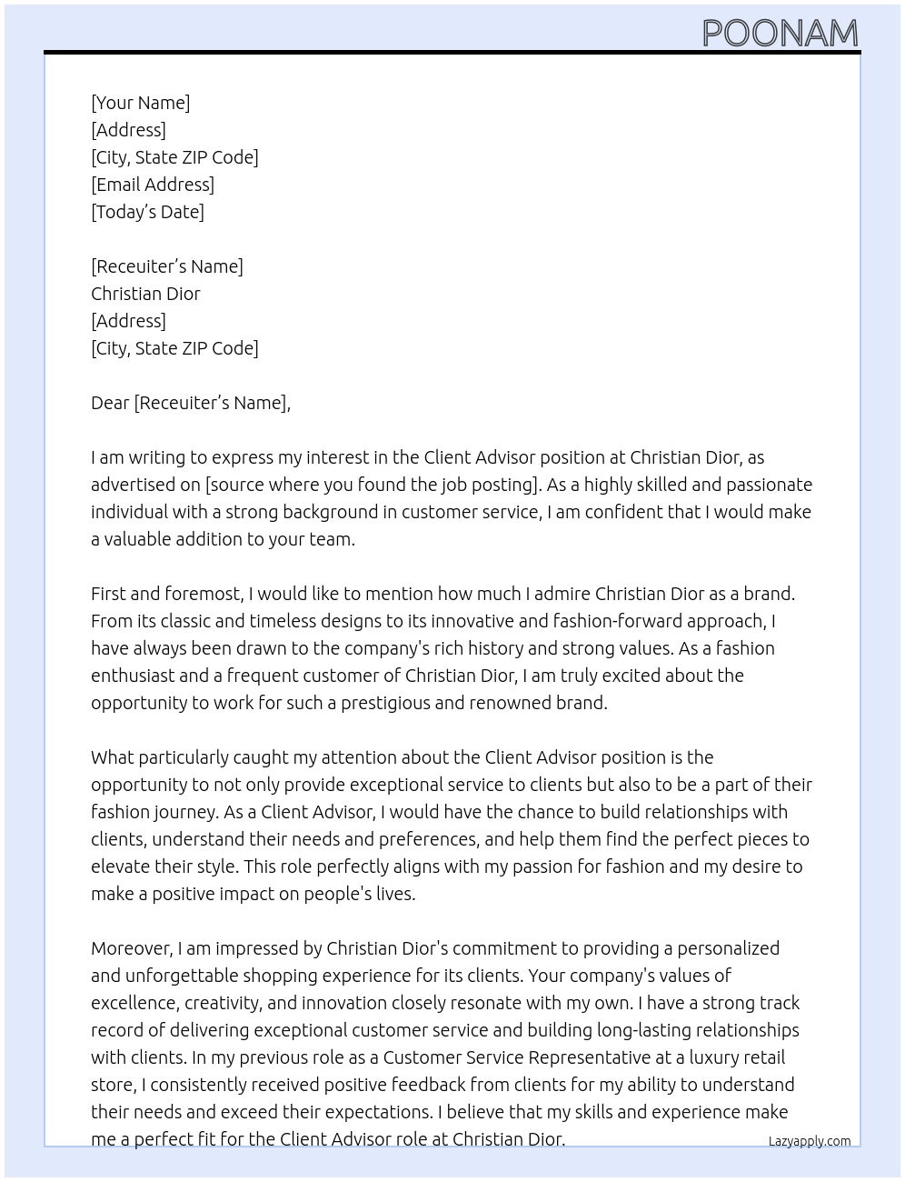 Client Advisor At Christian Dior Cover Letter