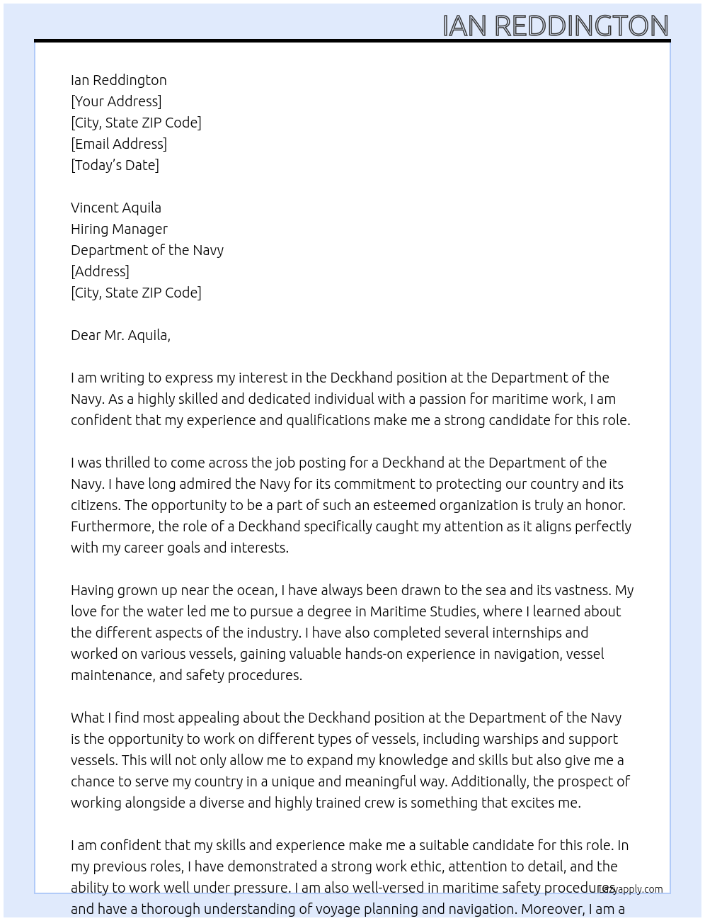 Deckhand At Department of the Navy Cover Letter