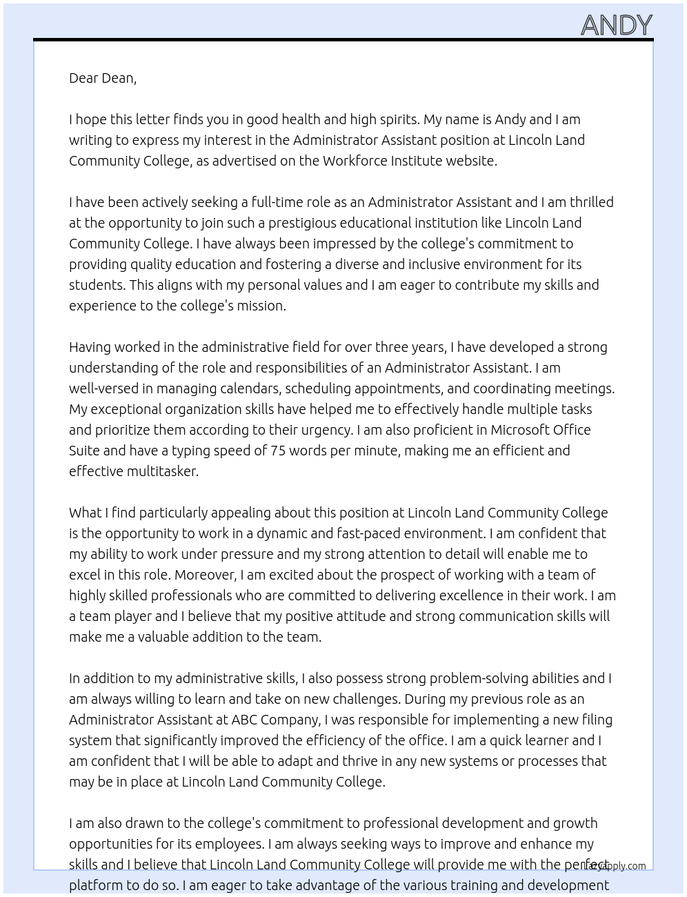 Administrator Assistant At Lincoln Land Community College Cover Letter