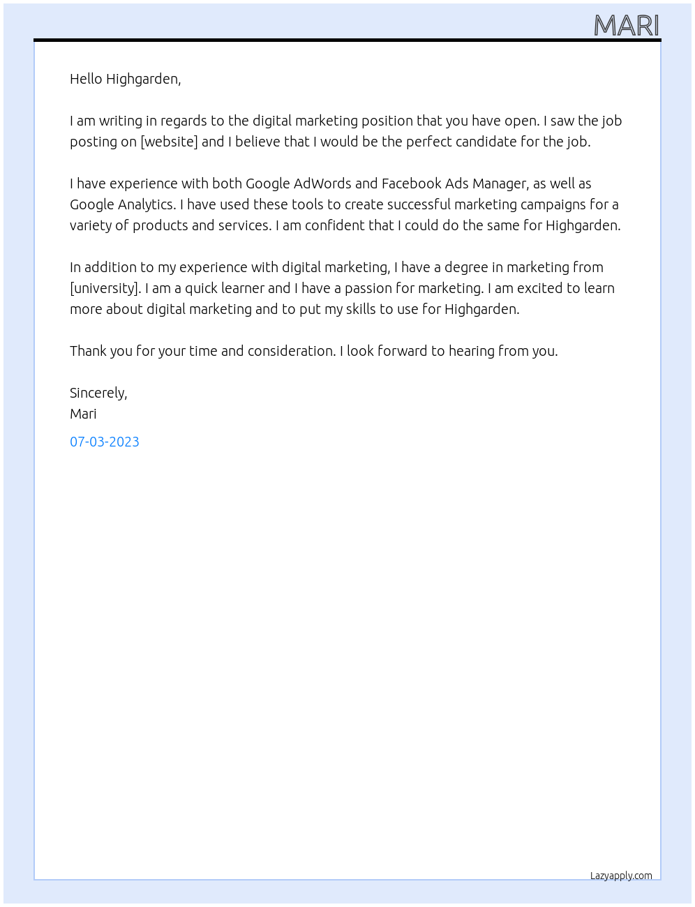 digital marketer At Highgarden Cover Letter