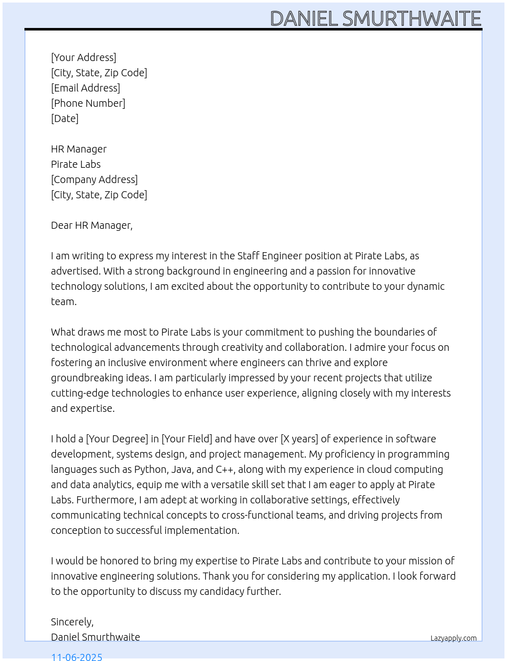 Cover letter for staff engineer - LazyApply